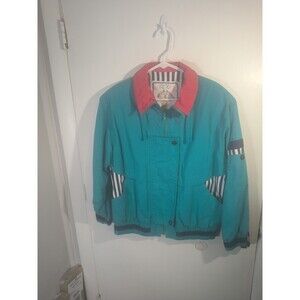 Vintage Izzi Spirit Colorblock Windbreaker Jacket Size Medium Teal Pink Striped